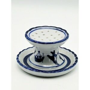 Blue Willow Ceramic Flower Frog Vintage Blue and White Scalloped Floral Arranger